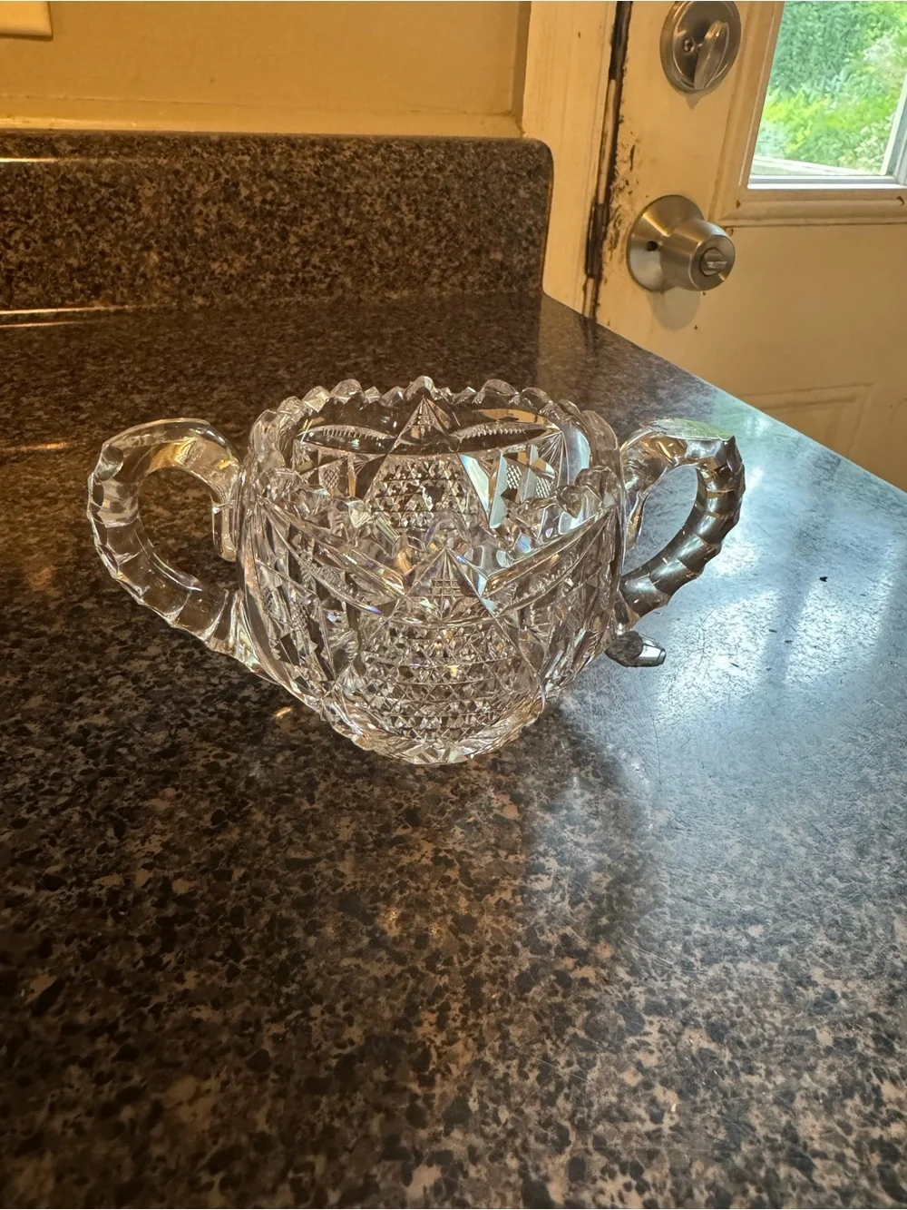 VTG Cut Glass Double-Handled Sugar Bowl - Clear Crystal HEAVY